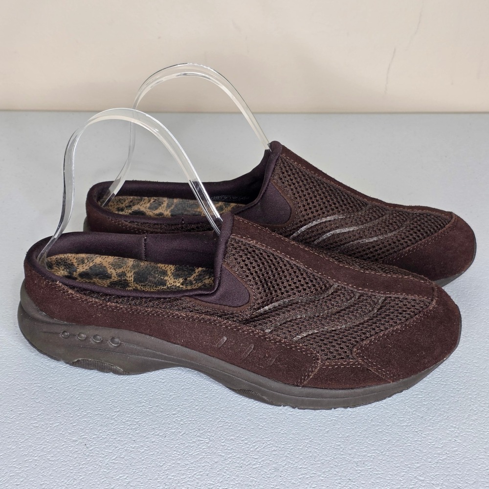 Easy Spirit Trackworks Mules Women 9.5 Brown Suede Mesh Leopard Print Comfort
